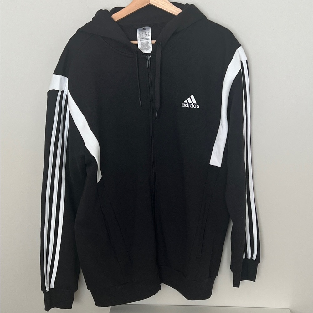 adidas Men’s Black Zip-Up Hoodie with White Stripe Accents